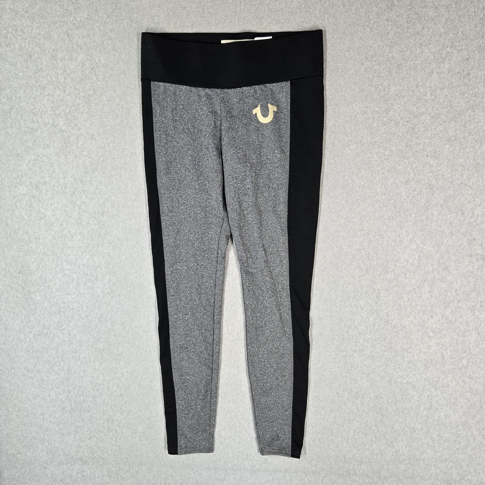 True Religion Women Activewear Pants S/P Gray Legging Spellout Logo High Waist